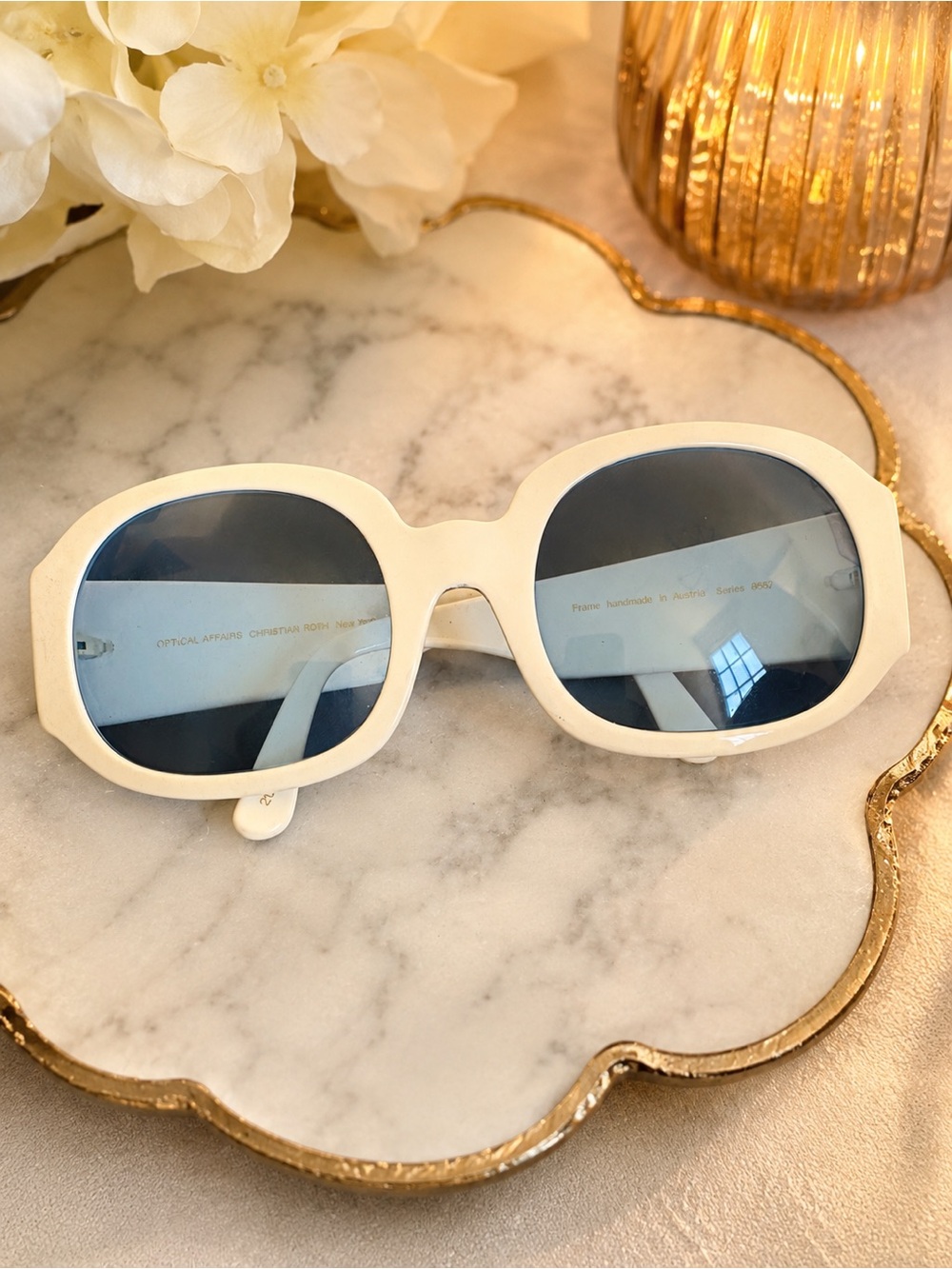 Vintage Optical Affairs white sunglasses with blue frames by Christian Roth